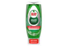 Fairy Max Power green dishwashing liquid bottle with anti-leak cap